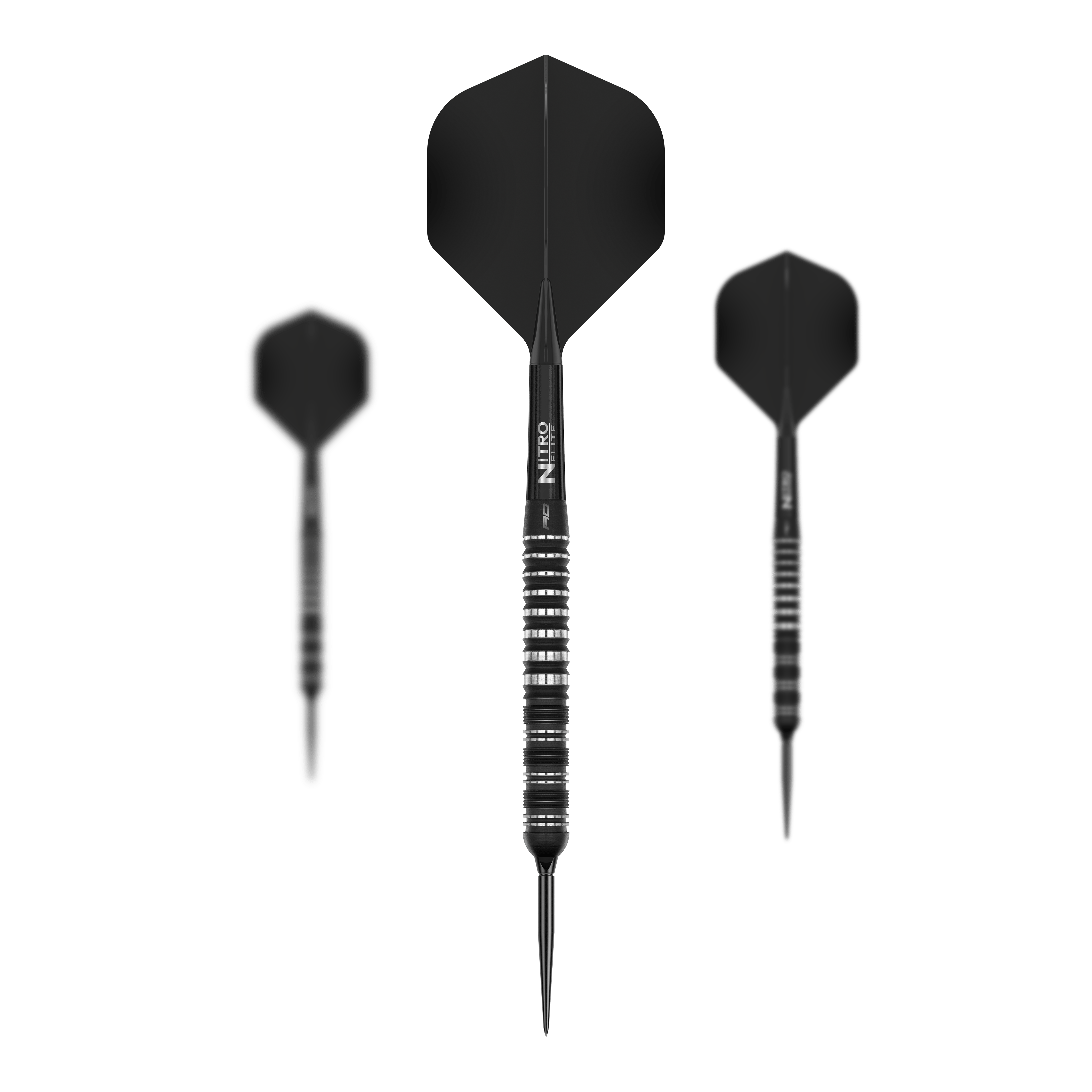 Gezeigt wird ein Set der Red Dragon Sable Parallel Switch Point Steeldarts. Das Set enthält drei Darts in silberner Farbe.